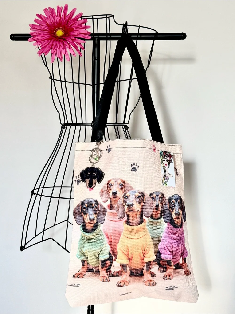 New Dachshund Dogs in Colorful Sweaters Shopping Bag Purse Tote w/ Charm - 16”